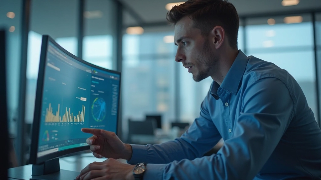 Профессиональный аналитик работает с дашбордом бизнес-аналитики на мониторе