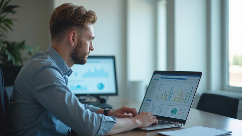 Профессиональный рабочий стол аналитика с ноутбуком, показывающим графики анализа данных